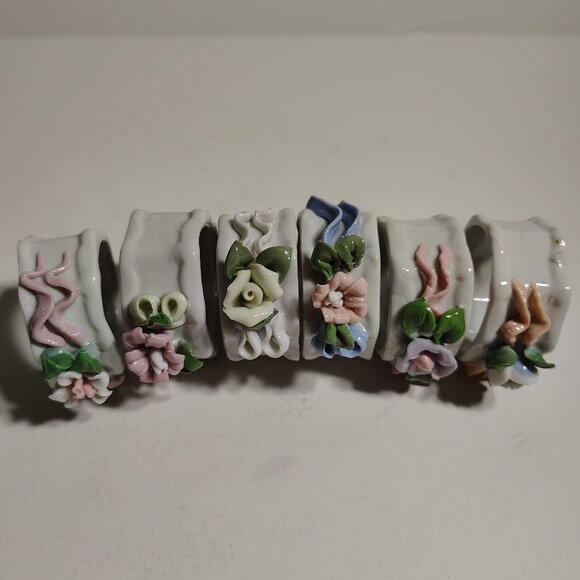 Vintage Victorian Hand Painted Porcelain Napkin Rings Decor Floral Rose Set of 6 - Picture 7 of 7